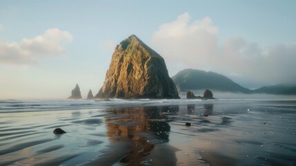 A large rock formation on a beach near the ocean. Ideal for travel websites