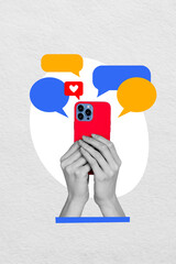 Vertical photo collage of hand hold new iphone device camera correspondence messenger technology like heart isolated on painted background