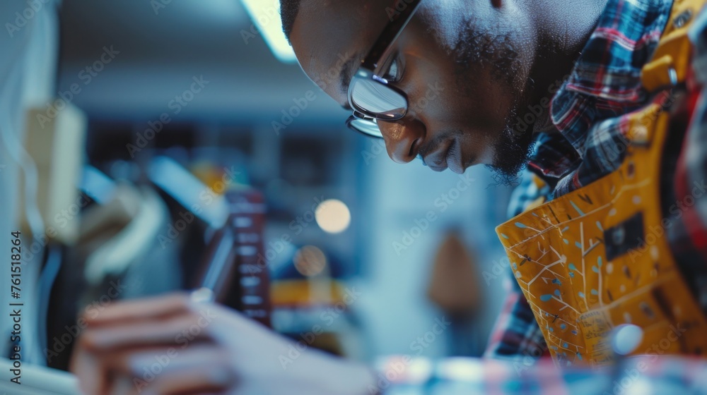 Poster a man in glasses working on a laptop. suitable for technology and business concepts