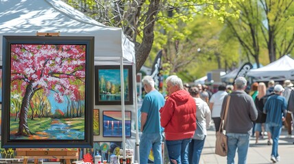Crowd of people enjoying an art fair on a sunlit street lined with vibrant artwork displays and shaded by green trees. - obrazy, fototapety, plakaty