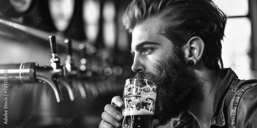 Poster A man with a beard enjoying a beer. Suitable for advertising or lifestyle concepts