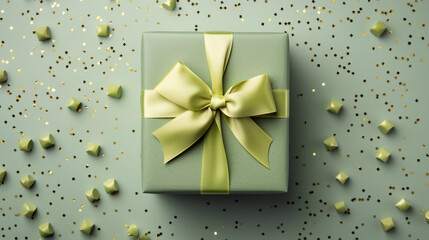A beautiful green giftbox with a pastel green bow on a green color background with sequences of confetti and ribbons.