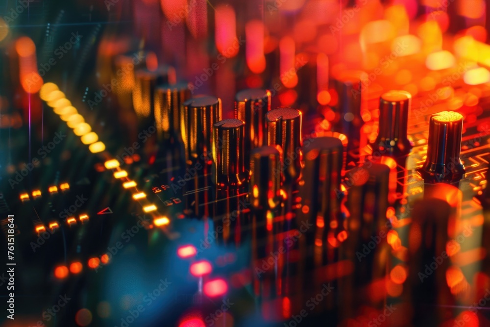 Poster Close up of a sound board with background lights. Ideal for music or event concepts