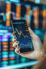 Stock trading investor, trader or broker using crypto exchange platform app on smartphone analysing exchange market chart investing money in financial market on mobile screen with cell phone in hands. - obrazy, fototapety, plakaty