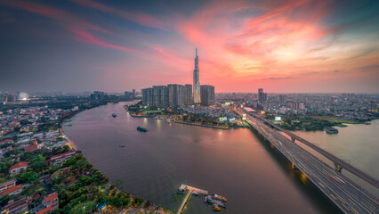 Brilliant sunset afternoon on the tallest building in Vietnam. Photo taken in May 2023