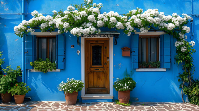 Blue painted facade of the house and window with flowers. Colorful architecture in Burano island, Venice, Italy