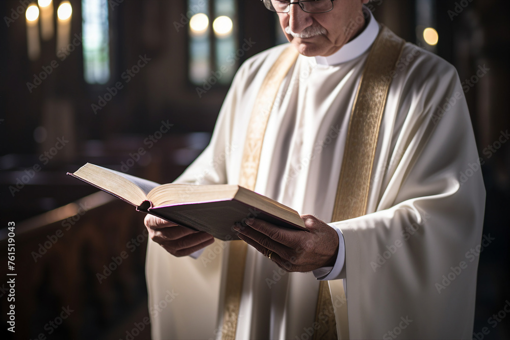 Poster Generated with AI portrait of a male priest in a church