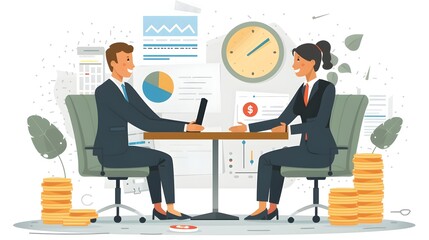 business man and business woman shaking hands for agreement of business deal. coins, clock, business documents at the background, business agreement and business dealership concept