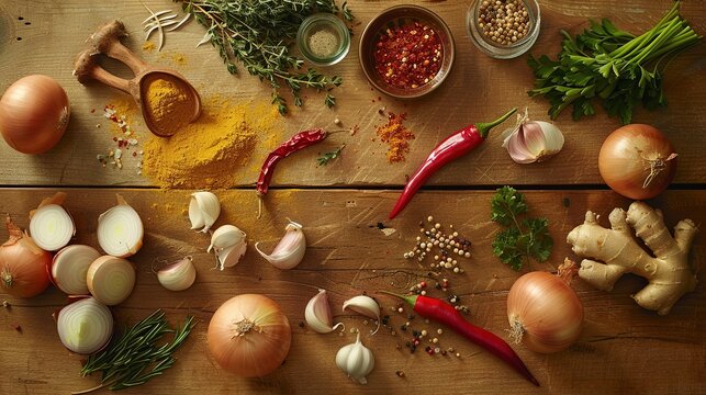 a high-definition photographic quality image of a wooden kitchen table surround with ingredients, including onions, fresh ginger and garlic, red chili powder, turmeric powder, vegetable oil , Salt, pe