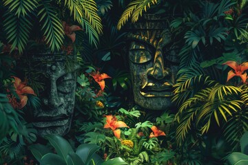 A statue in the middle of a lush jungle. Perfect for nature and travel concepts.