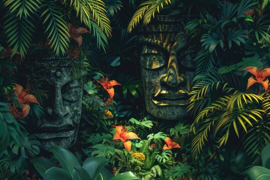 A statue in the middle of a lush jungle. Perfect for nature and travel concepts.