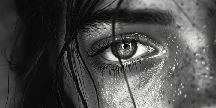 Detailed black and white photo of a woman's eye. Suitable for medical or beauty concepts.