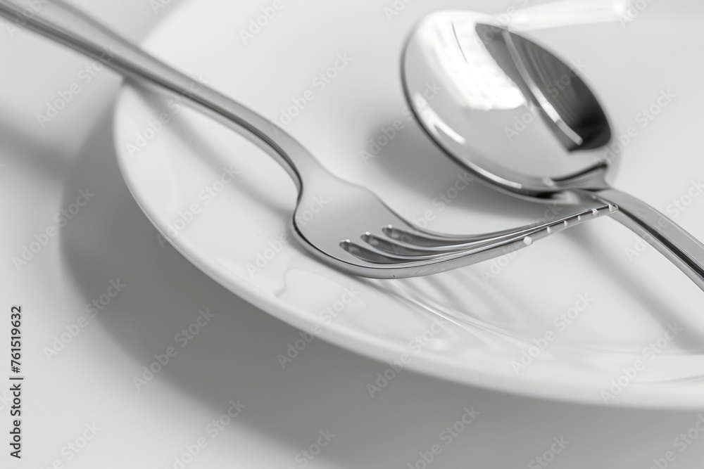 Poster A simple image of a spoon and fork on a white plate. Suitable for food and dining concepts
