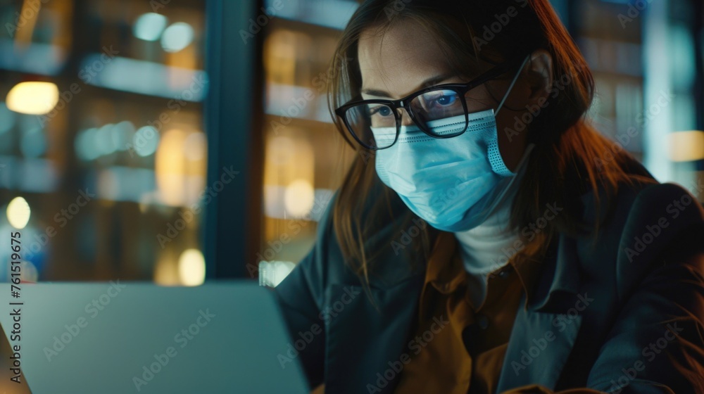 Poster a woman wearing a face mask while using a laptop. suitable for health and technology concepts