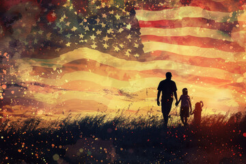 Silhouette of a family against a US flag backdrop on Memorial Day.  - obrazy, fototapety, plakaty