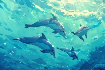 A group of playful dolphins swimming in crystal-clear waters