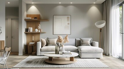 modern Scandinavian apartment living room, hyper-realistic and minimalist