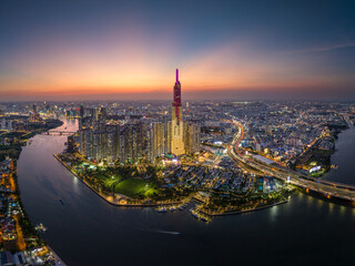 Brilliant sunset afternoon on the tallest building in Vietnam. Photo taken in February 2024