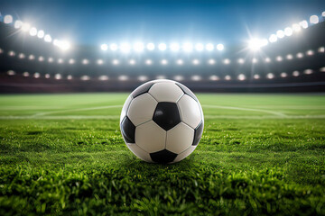 Fototapeta premium Close ups of football on the illuminated field. AI technology generated image