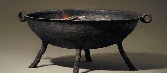 A cauldron made of metal and hardwood with a fire burning inside, placed on a table. This cookware and bakeware product is commonly used for cooking and baking in events