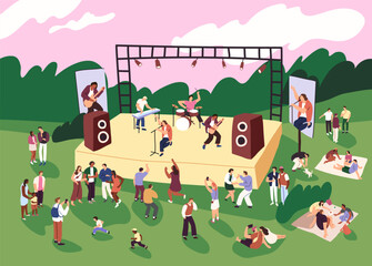 Obraz na płótnie Canvas Open air music festival. Musicians play perform on stage. People crowd listens to performance, have picnic, dance on live rock concert outdoor. Pop band sings song in park. Flat vector illustration