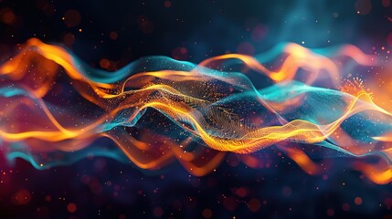 Vibrant abstract composition depicting dynamic flame-like waves intertwined with futuristic tech elements, real photo, stock photography 