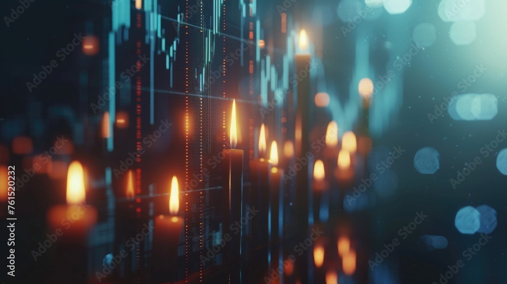 Poster candles are lit in front of a wall of numbers. suitable for financial concepts