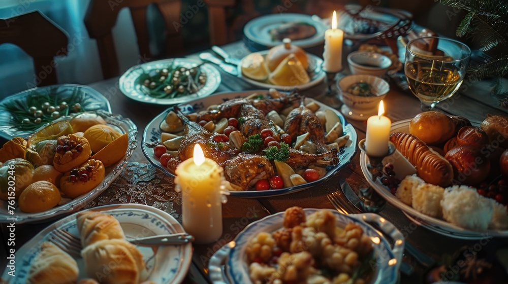 Poster a table set with various dishes and a lit candle. suitable for restaurant menus or food-related cont