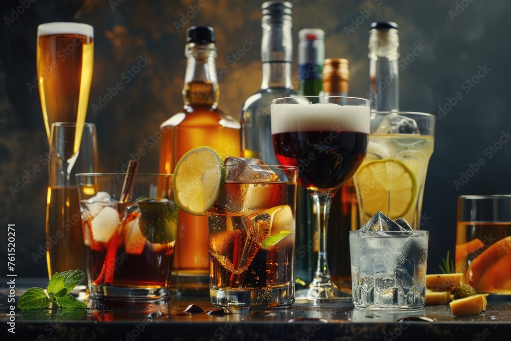 Leinwandbilder various types of alcoholic beverages displayed on a table. suitable for bar or party concepts