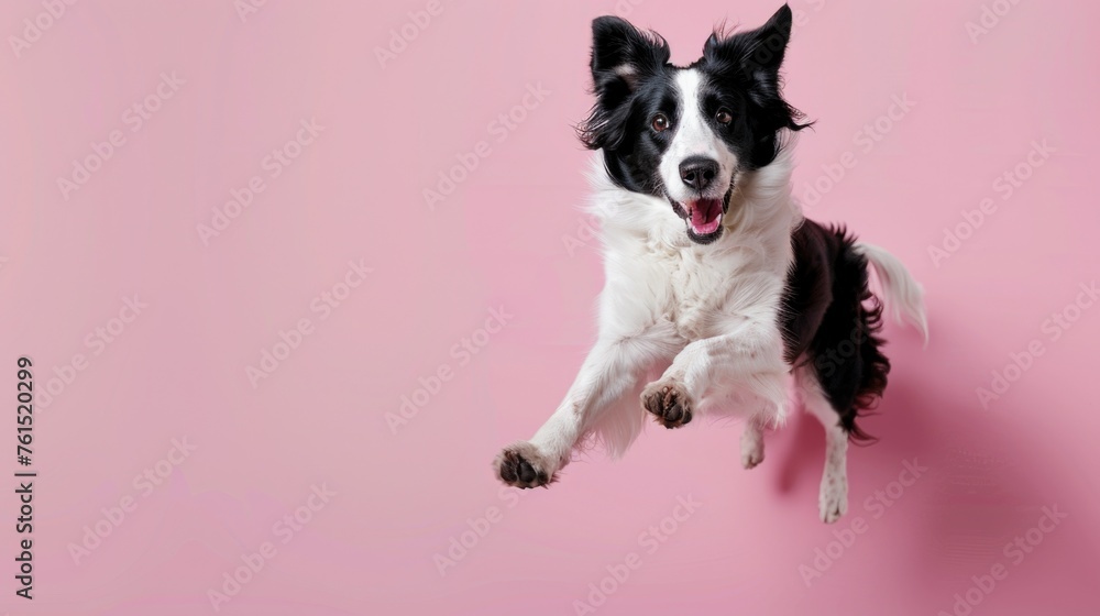Poster A dynamic image of a dog jumping in the air. Perfect for pet and action-themed projects