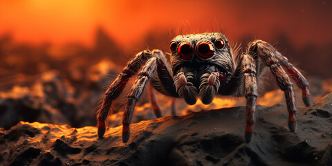 Tarantula spider close-up. Terrible poisonous insect. Spider with four eyes. Tarantula with hairy feet