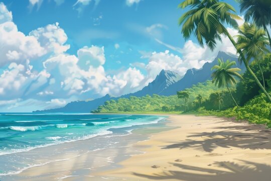 A serene painting of a tropical beach with swaying palm trees. Perfect for travel and vacation themed designs