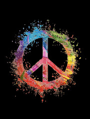 Vibrant Paint Splatter Peace Sign on Black Background - Artistic Symbol of Harmony