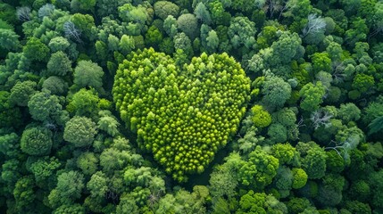 Aerial view of a dense forest with a natural heart-shaped formation of trees symbolizing love for nature.