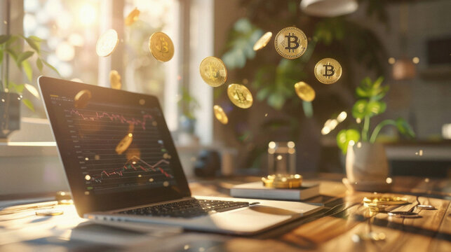 Stock exchange trading money investment profit in crypto currency concept. Many bitcoin coins with digital financial cryptocurrency increasing btc market charts on laptop computer screen background.