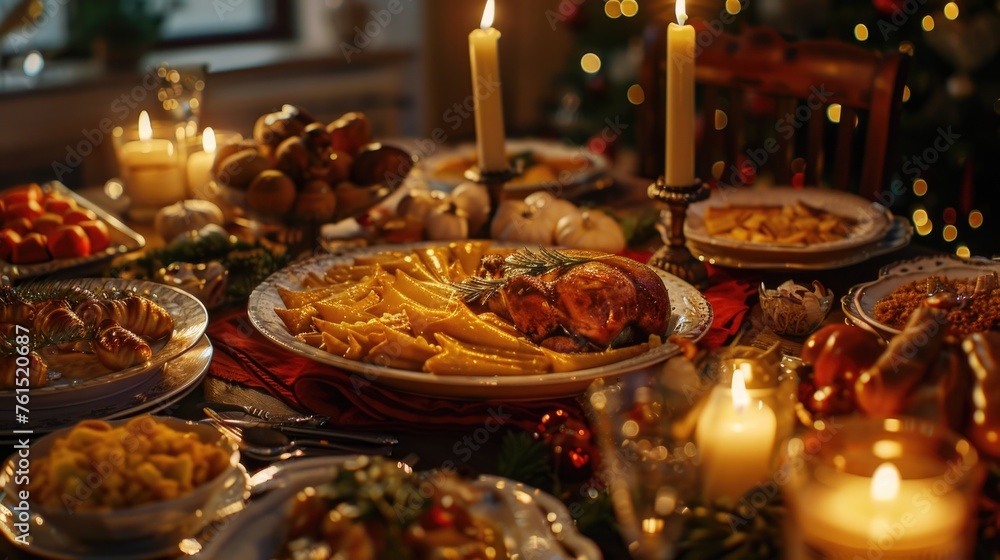 Poster a table set with plates of food and lit candles. suitable for dining and celebration concepts