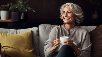 Elderly woman drinks coffee. Experienced girl is resting while sitting on sofa. Elderly man with snow-white smile. Grandmother enjoying homely atmosphere - obrazy, fototapety, plakaty