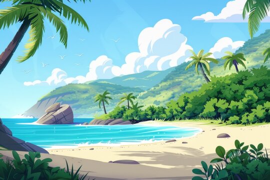 A vibrant and colorful cartoon illustration of a tropical beach scene. Perfect for summer-themed designs