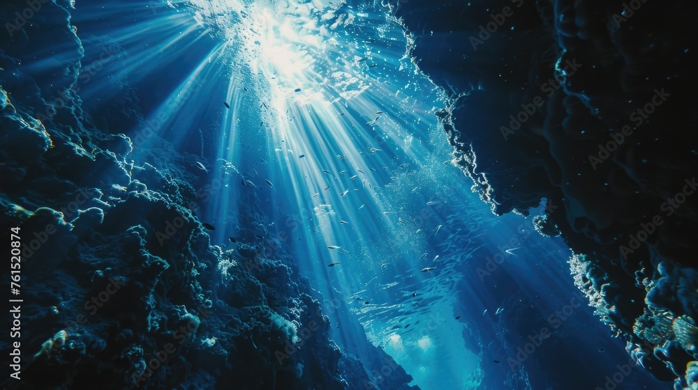 Poster sunlight shining through water in a cave. suitable for nature and travel concepts