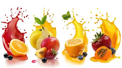 Different ripe fruits with splashes of juice isolated on white,Generative ai, - obrazy, fototapety, plakaty