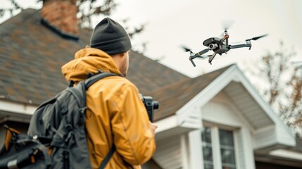 a drone to measure and inspect a roof for exact dimensions. - obrazy, fototapety, plakaty