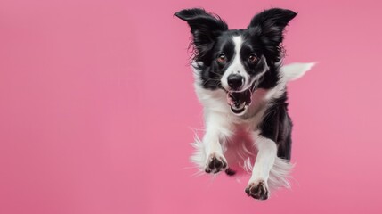 A playful black and white dog leaping in the air. Perfect for pet products advertising