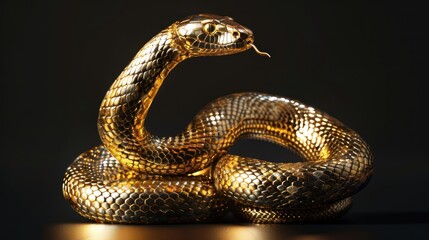 Pure gold, intricately detailed snake statue, with reflective scales, curled elegantly isolated on a black background