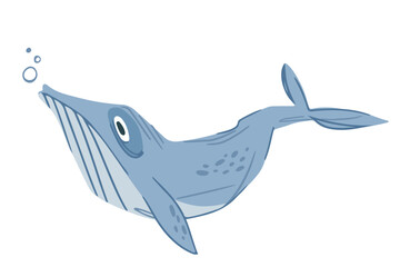 Childish illustration of a stylized whale in blue with bubbles