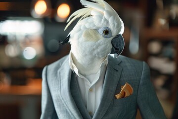 A white cockatoo dressed in a suit and tie, suitable for business or formal concepts