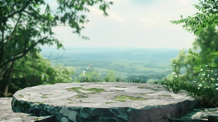 Flat stone podium in the magical forest , empty round stand background.