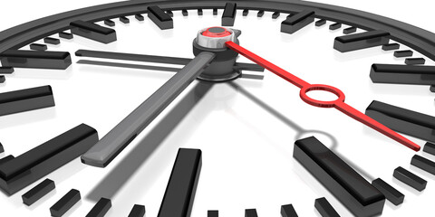 3d Uhr, Zeitmesser in Perspektive mit Stundenzeiger, Minutenzeiger und Sekundenzeiger in in schwarz und rot, auf transparenten Hintergrund, freigestellt