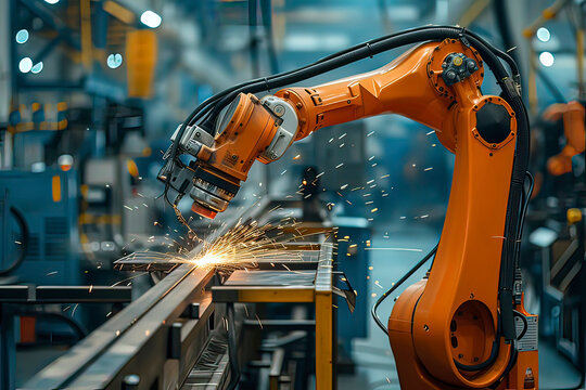 Robots on the production line welding parts. AI technology generated image