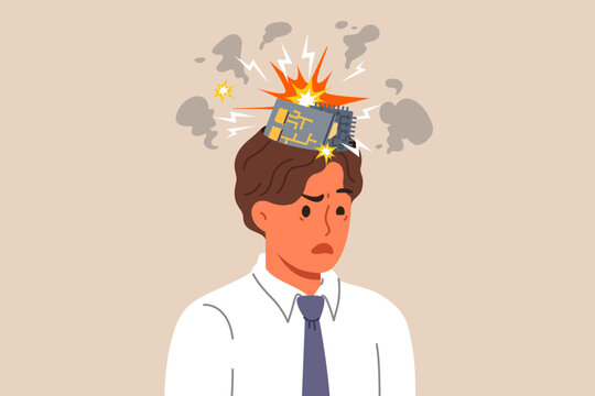 Man robot with exploding computer boards in head due to overload with work tasks. Bionic robot with damaged PCB instead of brain needs repair or replacement of components with new ones