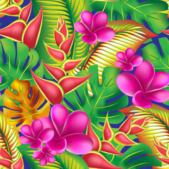 Palm monstera leaves with hibiscus and pink plumeria flowers abstract background. Trendy summer exotic flower print. - 761521248